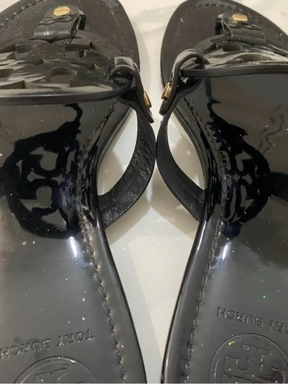 Tory Burch Black Patent Logo Thong Sandals